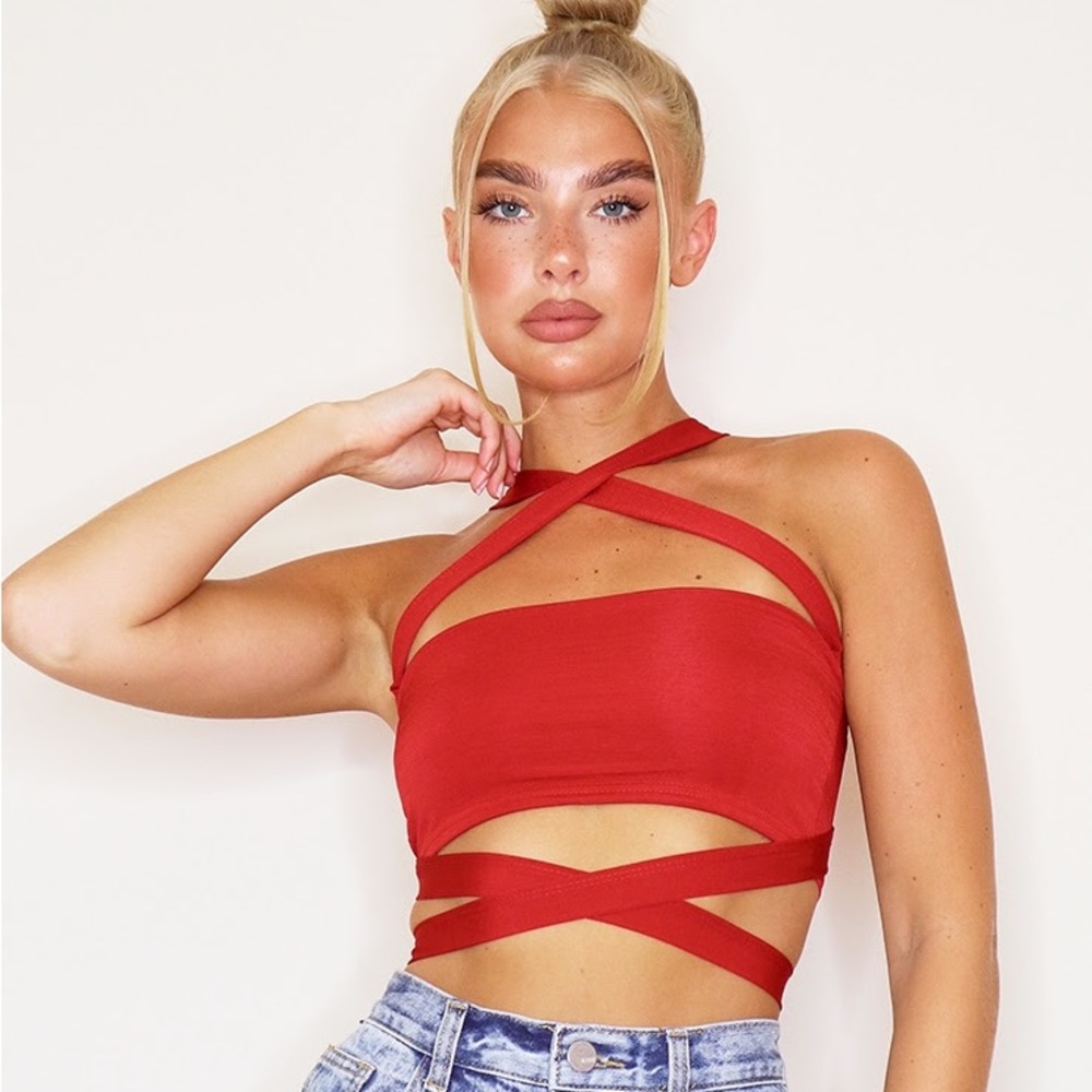 PRETTYLITTLETHING Red Slinky Tie Detail Bandeau Top